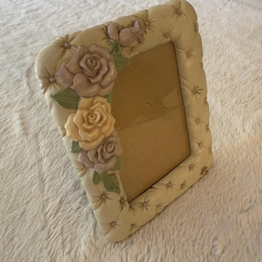 Vintage Picture Frame Lavender Peach Roses Quilted 3x5 Cottagecore